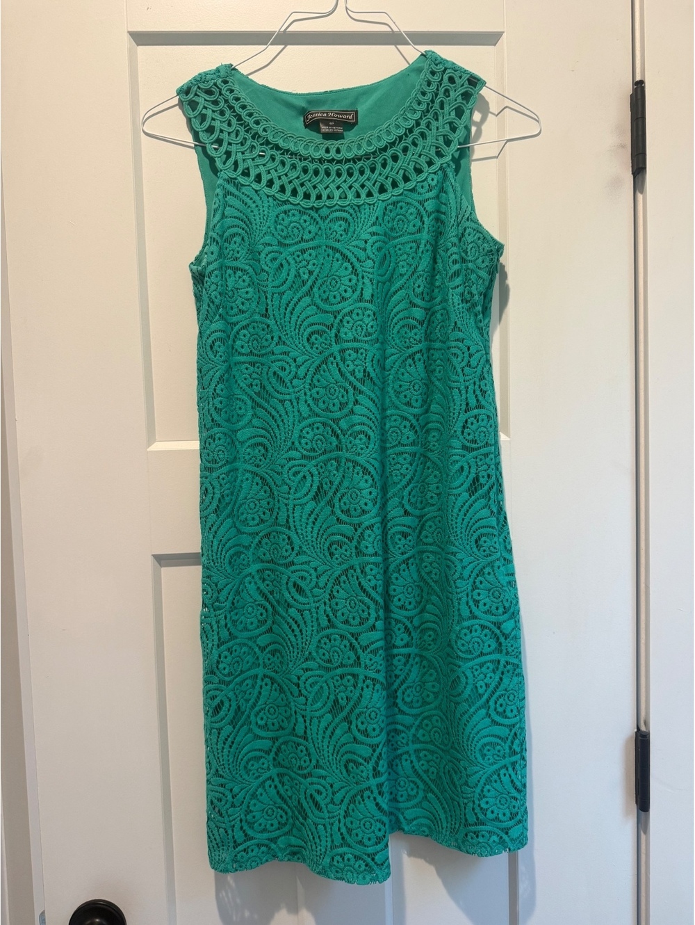 Jessica Howard Green Lace Crochet Sheath Dress Size 6P Petite Sleeveless